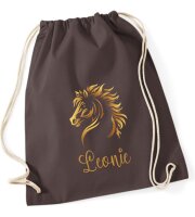 Turnbeutel, Schuhbeutel, Sportbeutel für Kinder, bedruckt Pferdekopf und personalisierbar mit Namen, große Farbauswahl, Kita, Geschenk