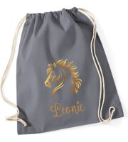 Turnbeutel, Schuhbeutel, Sportbeutel für Kinder, bedruckt Pferdekopf und personalisierbar mit Namen, große Farbauswahl, Kita, Geschenk
