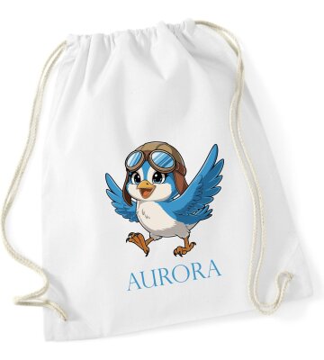 Turnbeutel, Schuhbeutel, Sportbeutel für Kinder, bedruckt Vogel mit Kappe und personalisierbar mit Namen, große Farbauswahl, Kita, Geschenk