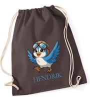 Turnbeutel, Schuhbeutel, Sportbeutel für Kinder, bedruckt Vogel mit Kappe und personalisierbar mit Namen, große Farbauswahl, Kita, Geschenk