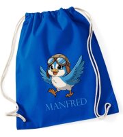Turnbeutel, Schuhbeutel, Sportbeutel für Kinder, bedruckt Vogel mit Kappe und personalisierbar mit Namen, große Farbauswahl, Kita, Geschenk