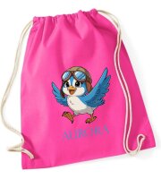 Turnbeutel, Schuhbeutel, Sportbeutel für Kinder, bedruckt Vogel mit Kappe und personalisierbar mit Namen, große Farbauswahl, Kita, Geschenk