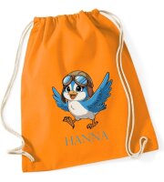 Turnbeutel, Schuhbeutel, Sportbeutel für Kinder, bedruckt Vogel mit Kappe und personalisierbar mit Namen, große Farbauswahl, Kita, Geschenk