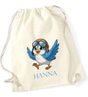 Turnbeutel, Schuhbeutel, Sportbeutel für Kinder, bedruckt Vogel mit Kappe und personalisierbar mit Namen, große Farbauswahl, Kita, Geschenk