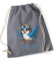 Turnbeutel, Schuhbeutel, Sportbeutel für Kinder, bedruckt Vogel mit Kappe und personalisierbar mit Namen, große Farbauswahl, Kita, Geschenk