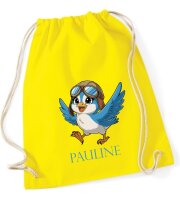 Turnbeutel, Schuhbeutel, Sportbeutel für Kinder, bedruckt Vogel mit Kappe und personalisierbar mit Namen, große Farbauswahl, Kita, Geschenk