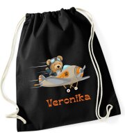 Turnbeutel, Schuhbeutel, Sportbeutel für Kinder, bedruckt Teddy/ Flugzeug und personalisierbar mit Namen, große Farbauswahl, Kita, Geschenk