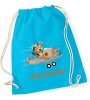 Turnbeutel, Schuhbeutel, Sportbeutel für Kinder, bedruckt Teddy/ Flugzeug und personalisierbar mit Namen, große Farbauswahl, Kita, Geschenk