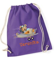 Turnbeutel, Schuhbeutel, Sportbeutel für Kinder, bedruckt Teddy/ Flugzeug und personalisierbar mit Namen, große Farbauswahl, Kita, Geschenk