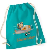 Turnbeutel, Schuhbeutel, Sportbeutel für Kinder, bedruckt Teddy/ Flugzeug und personalisierbar mit Namen, große Farbauswahl, Kita, Geschenk