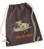 Turnbeutel, Schuhbeutel, Sportbeutel für Kinder, bedruckt Teddy/ Flugzeug und personalisierbar mit Namen, große Farbauswahl, Kita, Geschenk