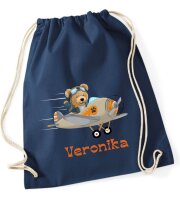 Turnbeutel, Schuhbeutel, Sportbeutel für Kinder, bedruckt Teddy/ Flugzeug und personalisierbar mit Namen, große Farbauswahl, Kita, Geschenk