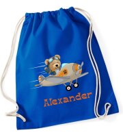 Turnbeutel, Schuhbeutel, Sportbeutel für Kinder, bedruckt Teddy/ Flugzeug und personalisierbar mit Namen, große Farbauswahl, Kita, Geschenk