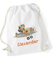 Turnbeutel, Schuhbeutel, Sportbeutel für Kinder, bedruckt Teddy/ Flugzeug und personalisierbar mit Namen, große Farbauswahl, Kita, Geschenk