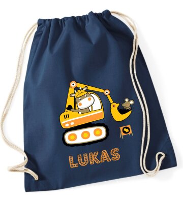 Turnbeutel, Schuhbeutel, Sportbeutel für Kinder, bedruckt Bagger und personalisierbar mit Namen, große Farbauswahl, Kita, Geschenk