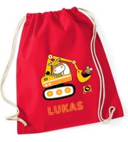 Turnbeutel, Schuhbeutel, Sportbeutel für Kinder, bedruckt Bagger und personalisierbar mit Namen, große Farbauswahl, Kita, Geschenk