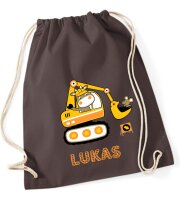 Turnbeutel, Schuhbeutel, Sportbeutel für Kinder, bedruckt Bagger und personalisierbar mit Namen, große Farbauswahl, Kita, Geschenk