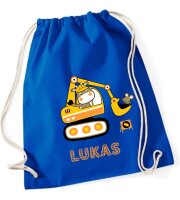 Turnbeutel, Schuhbeutel, Sportbeutel für Kinder, bedruckt Bagger und personalisierbar mit Namen, große Farbauswahl, Kita, Geschenk
