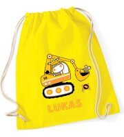 Turnbeutel, Schuhbeutel, Sportbeutel für Kinder, bedruckt Bagger und personalisierbar mit Namen, große Farbauswahl, Kita, Geschenk