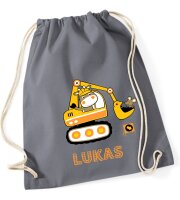 Turnbeutel, Schuhbeutel, Sportbeutel für Kinder, bedruckt Bagger und personalisierbar mit Namen, große Farbauswahl, Kita, Geschenk
