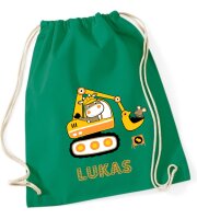 Turnbeutel, Schuhbeutel, Sportbeutel für Kinder, bedruckt Bagger und personalisierbar mit Namen, große Farbauswahl, Kita, Geschenk