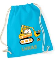Turnbeutel, Schuhbeutel, Sportbeutel für Kinder, bedruckt Bagger und personalisierbar mit Namen, große Farbauswahl, Kita, Geschenk