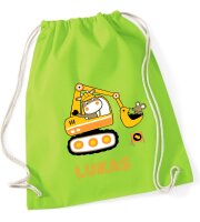 Turnbeutel, Schuhbeutel, Sportbeutel für Kinder, bedruckt Bagger und personalisierbar mit Namen, große Farbauswahl, Kita, Geschenk