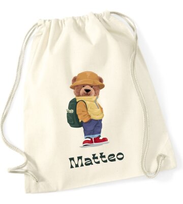 Turnbeutel, Schuhbeutel, Sportbeutel für Kinder, bedruckt Teddy Bär und personalisierbar mit Namen, große Farbauswahl, Kita, Geschenk