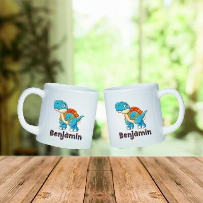 Kunststoff Tasse Dino blau orange für Kinder Schulanfang mit Namen