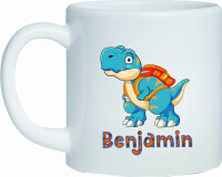 Kunststoff Tasse Dino blau orange für Kinder Schulanfang mit Namen