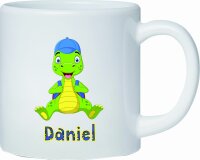 Kunststoff Tasse Dino grün gelb für Kinder Schulanfang mit Namen