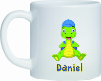 Kunststoff Tasse Dino grün gelb für Kinder Schulanfang mit Namen