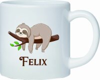 Kunststoff Tasse weiß Faultier schlafend für Kinder Mädchen Jungen mit Namen personalisiert
