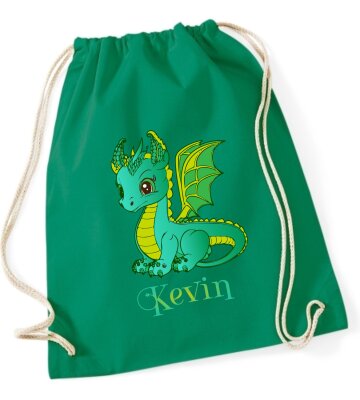 Turnbeutel, Schuhbeutel, Sportbeutel für Kinder, bedruckt Drache und personalisierbar mit Namen, große Farbauswahl, Kita, Geschenk