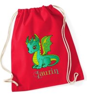 Turnbeutel, Schuhbeutel, Sportbeutel für Kinder, bedruckt Drache und personalisierbar mit Namen, große Farbauswahl, Kita, Geschenk