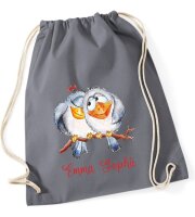 Turnbeutel, Schuhbeutel, Sportbeutel für Kinder, bedruckt Vögel auf Ast und personalisierbar mit Namen, große Farbauswahl, Kita, Geschenk