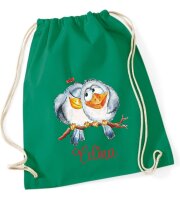 Turnbeutel, Schuhbeutel, Sportbeutel für Kinder, bedruckt Vögel auf Ast und personalisierbar mit Namen, große Farbauswahl, Kita, Geschenk