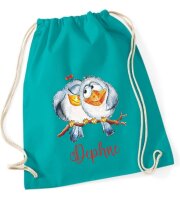 Turnbeutel, Schuhbeutel, Sportbeutel für Kinder, bedruckt Vögel auf Ast und personalisierbar mit Namen, große Farbauswahl, Kita, Geschenk