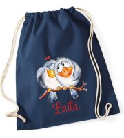 Turnbeutel, Schuhbeutel, Sportbeutel für Kinder, bedruckt Vögel auf Ast und personalisierbar mit Namen, große Farbauswahl, Kita, Geschenk