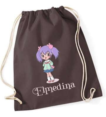 Turnbeutel, Schuhbeutel, Sportbeutel, Kinder, bedruckt Anime Mädchen lila Haar, personalisierbar: Namen, große Farbauswahl, Kita, Geschenk