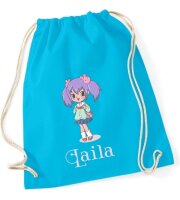 Turnbeutel, Schuhbeutel, Sportbeutel, Kinder, bedruckt Anime Mädchen lila Haar, personalisierbar: Namen, große Farbauswahl, Kita, Geschenk