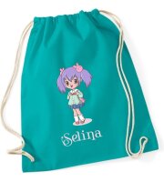 Turnbeutel, Schuhbeutel, Sportbeutel, Kinder, bedruckt Anime Mädchen lila Haar, personalisierbar: Namen, große Farbauswahl, Kita, Geschenk