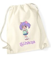 Turnbeutel, Schuhbeutel, Sportbeutel, Kinder, bedruckt Anime Mädchen lila Haar, personalisierbar: Namen, große Farbauswahl, Kita, Geschenk