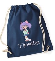 Turnbeutel, Schuhbeutel, Sportbeutel, Kinder, bedruckt Anime Mädchen lila Haar, personalisierbar: Namen, große Farbauswahl, Kita, Geschenk