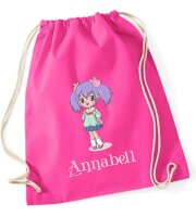 Turnbeutel, Schuhbeutel, Sportbeutel, Kinder, bedruckt Anime Mädchen lila Haar, personalisierbar: Namen, große Farbauswahl, Kita, Geschenk