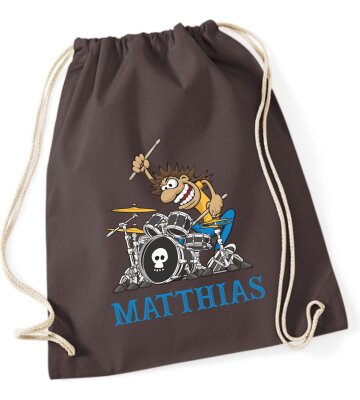 Turnbeutel, Schuhbeutel, Sportbeutel für Kinder, bedruckt Schlagzeuger und personalisierbar mit Namen, große Farbauswahl, Kita, Geschenk