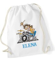 Turnbeutel, Schuhbeutel, Sportbeutel für Kinder, bedruckt Schlagzeuger und personalisierbar mit Namen, große Farbauswahl, Kita, Geschenk