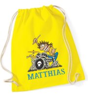 Turnbeutel, Schuhbeutel, Sportbeutel für Kinder, bedruckt Schlagzeuger und personalisierbar mit Namen, große Farbauswahl, Kita, Geschenk