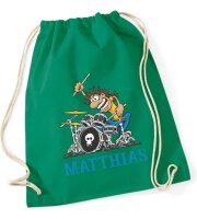 Turnbeutel, Schuhbeutel, Sportbeutel für Kinder, bedruckt Schlagzeuger und personalisierbar mit Namen, große Farbauswahl, Kita, Geschenk