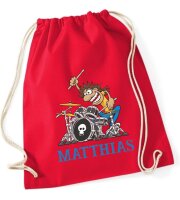 Turnbeutel, Schuhbeutel, Sportbeutel für Kinder, bedruckt Schlagzeuger und personalisierbar mit Namen, große Farbauswahl, Kita, Geschenk